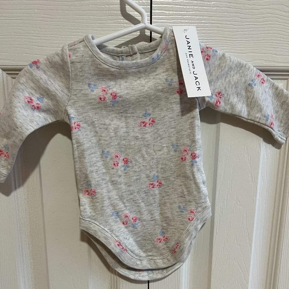 Janie and Jack Newborn Onsie.  Pink Flowers on Grey.